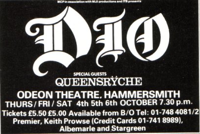 Advert for Dio and Queensryche in London