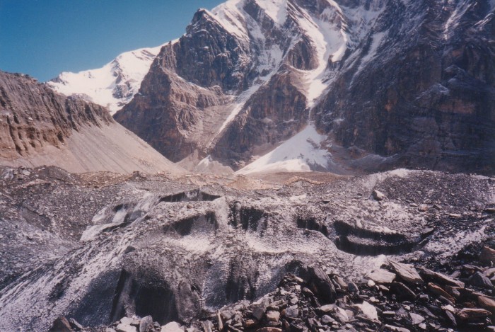 View up to Dhaulagiri Base Camp from west on Chanbaran Glacier