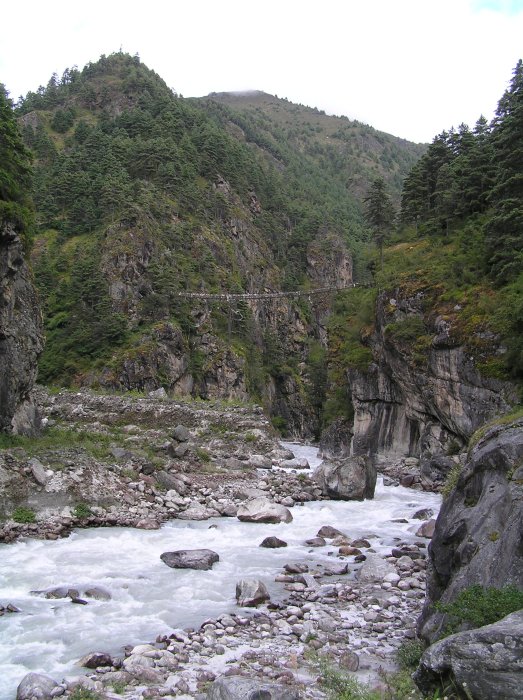 High bridge across the Dudh Koshi at the start of the Namche climb