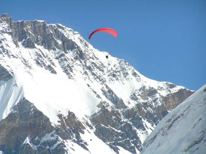 Paraglider descending from from the Kala Pattar summit