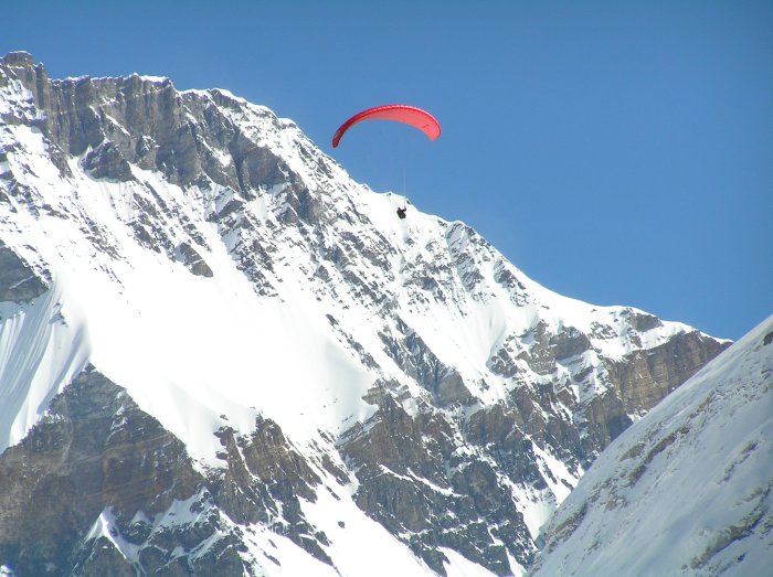 Paraglider descending from from the Kala Pattar summit