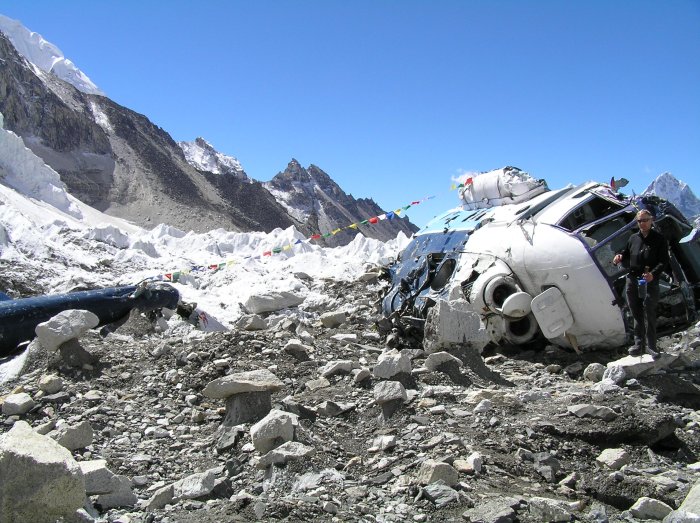 Helicopter wreckage at Everest Base Camp