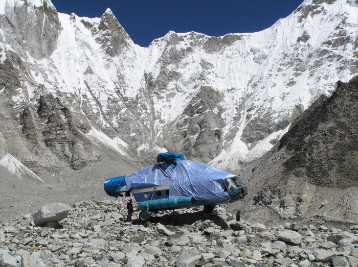 Helicopter wreckage from Spring 2005 at Everest Base Camp