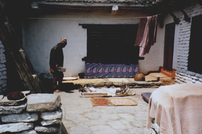 Old man tending to drying maize and chillis