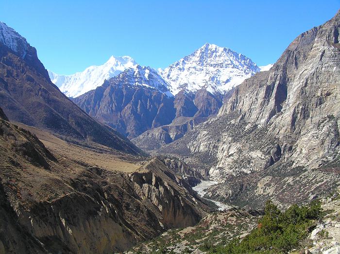 View south down the Phu Khola valley to Pisang Peak with Annapurna II in the distance