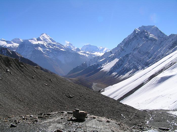 View of Kang Guru and Manaslu on ascent to Kang La
