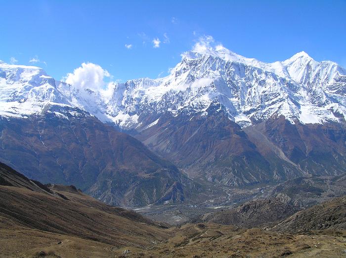 View up the Marsyangdi to Annapurna III and Gangapurna