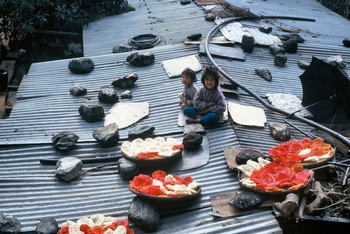 Priti & Priyenka on the outhouse roof with Dashain roti